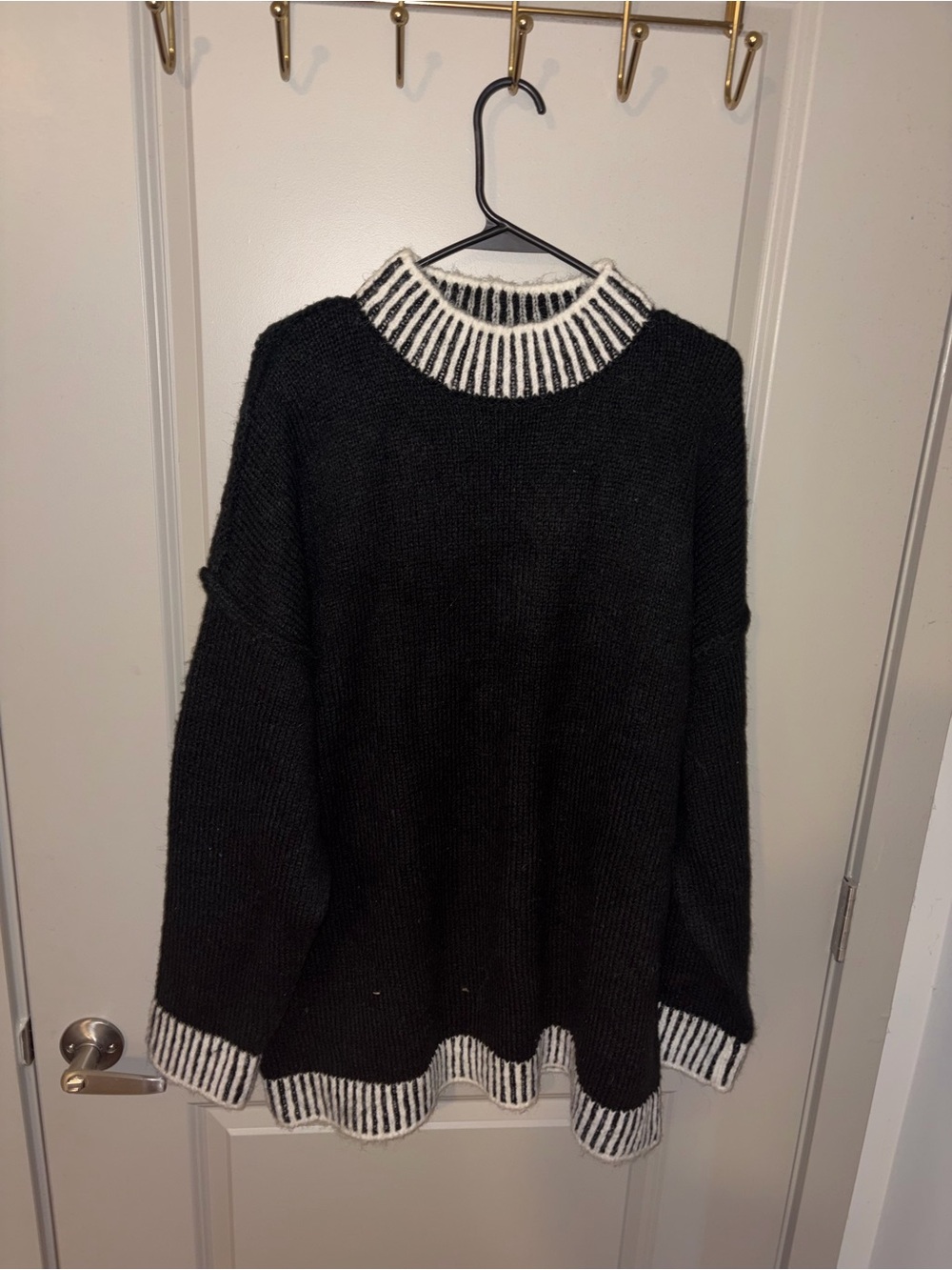 Black Crewneck Sweater Dress with Contrast Rib Trim